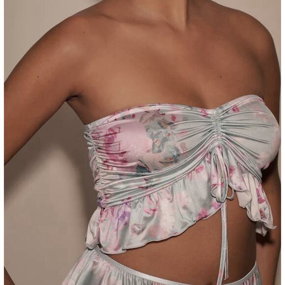 By Anthropologie Strapless Ruffled Bandeau Top Womens Small Satin Blue Pink - Picture 3 of 8